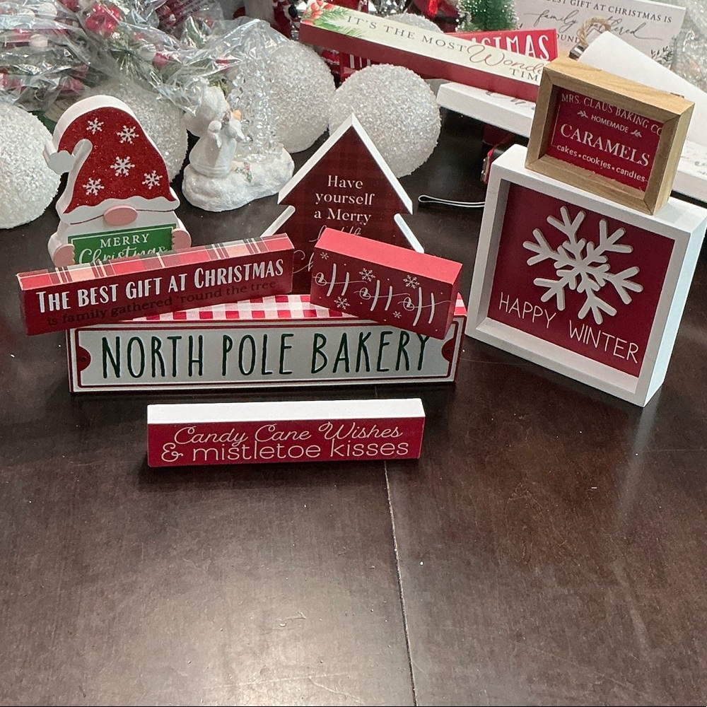 Festive Holiday Sign Set - Red and White - 8 pieces